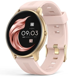 Smartwatch, AGPTEK 1,3 Zoll runde Armbanduhr mit personalisiertem Bildschirm, Musiksteuerung, Herzfrequenz, Schrittzähler, Kalorien, usw. IP68 Wasserdicht Fitness Tracker für iOS und Android, Rosa - 1