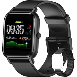 Smartwatch, Blackview 1.3” Armbanduhr mit Blutsauerstoff, personalisiertem Bildschirm, Musiksteuerung, Herzfrequenz, Schrittzähler, usw. 5ATM Wasserdicht Fitness Tracker Uhr, für Android iOS, Schwarz - 1